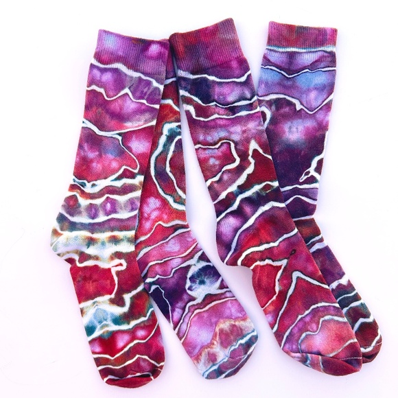 Red Purple Geode Ice Dye Socks Bamboo Tie Dye Sunset Storm Socks Hand Dyed Crew - Picture 1 of 3